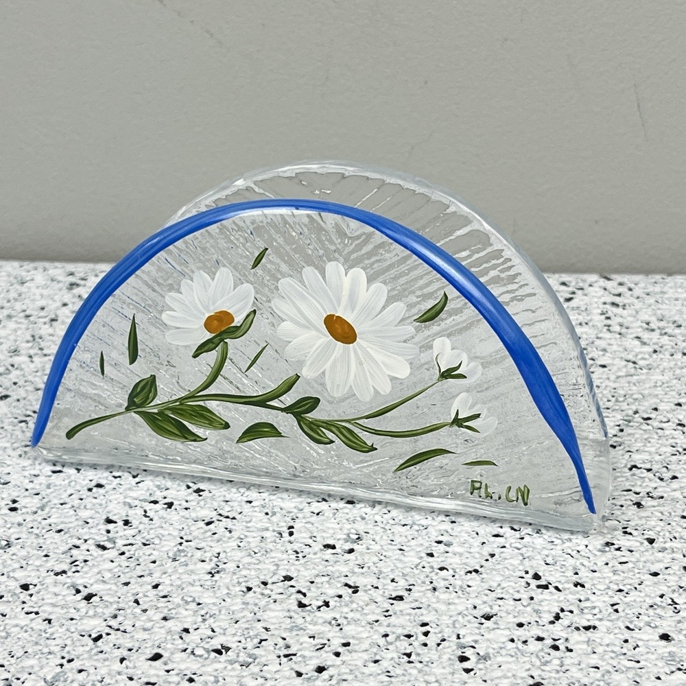 Nybro Sweden Glass Napkin Letter Holder Handmade Painted Daisy Flower Signed